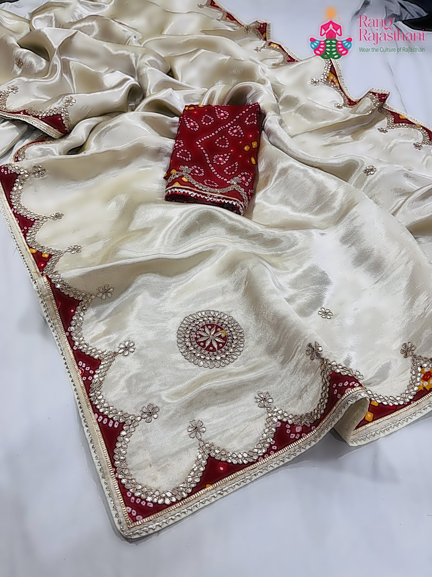 Cream Pure Gaji Silk Gota Patti Work Saree : Soft Calm