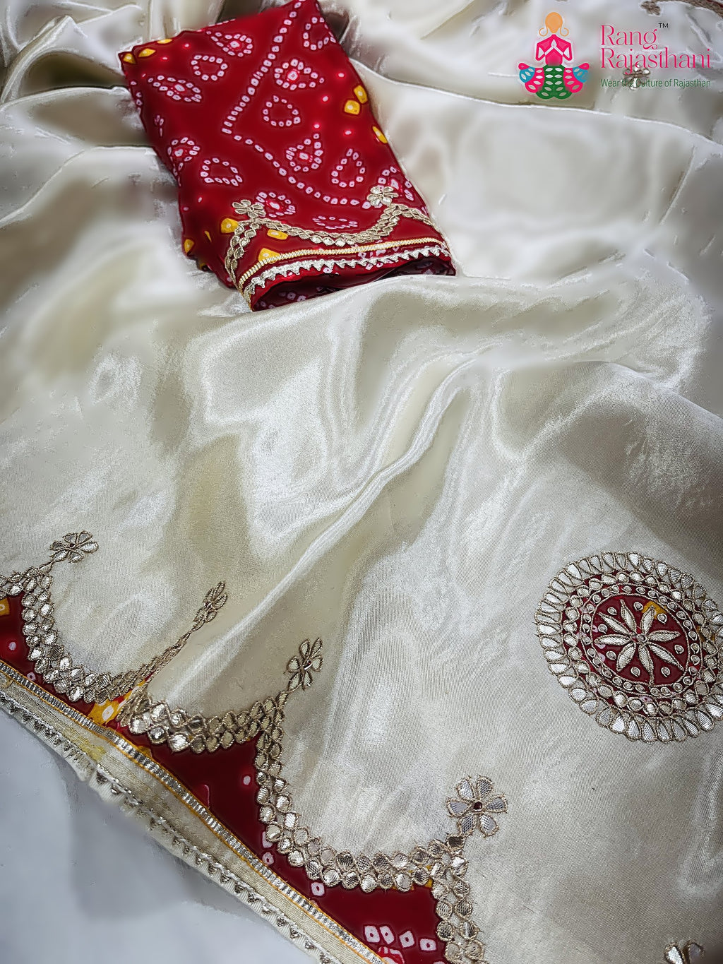 close up detailing of cream pure gajji silk gota patti saree 