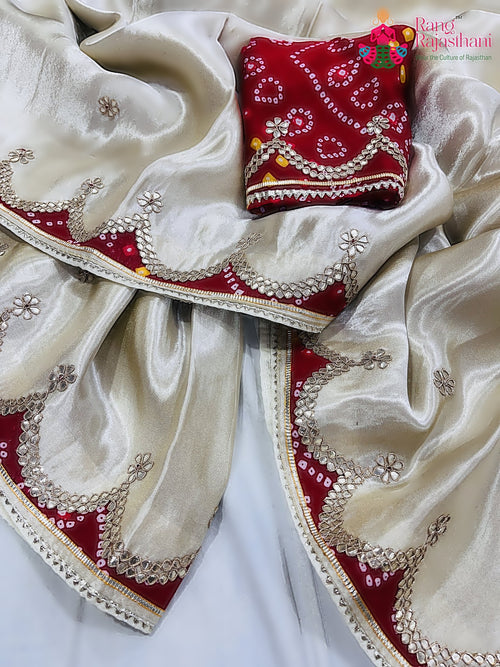 pallu detailing of cream pure gajji silk gota patti saree 