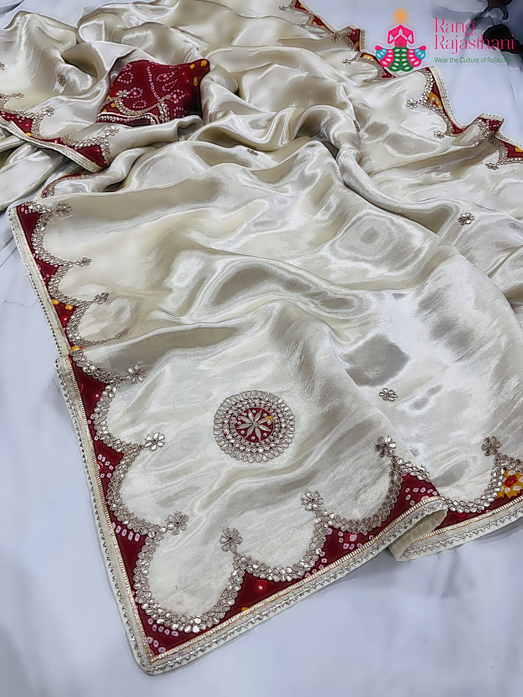 cream pure gajji silk gota patti saree for mayra ceremony by Rang Rajasthani