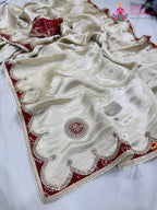 cream pure gajji silk gota patti saree for mayra ceremony by Rang Rajasthani