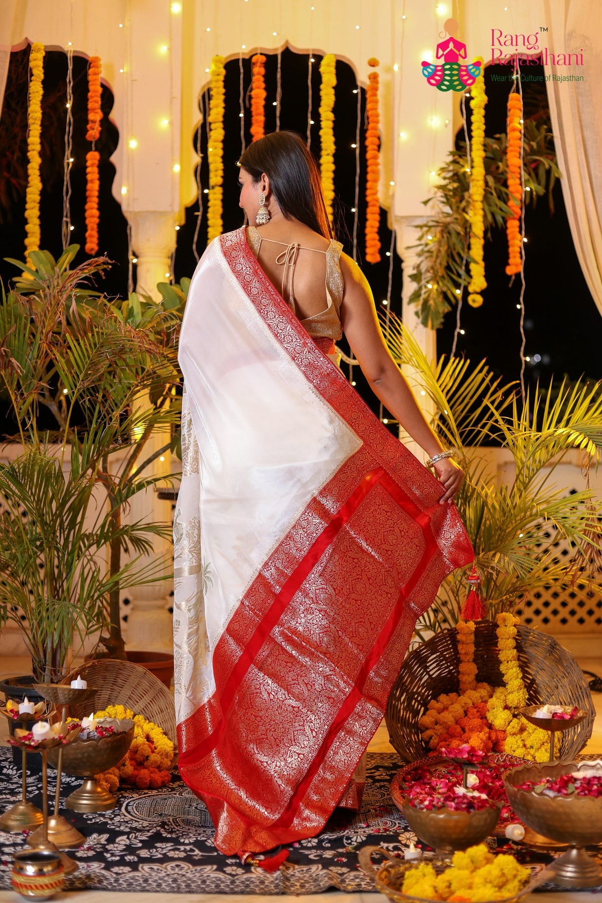 Cream Pure Ho Silk Banarasi Zari Weave Faag Saree for Wedding Reception | Designer Edit