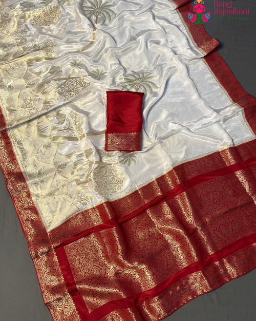 Cream Pure Ho Silk Banarasi Zari Weave Faag Saree for Wedding Reception | Designer Edit