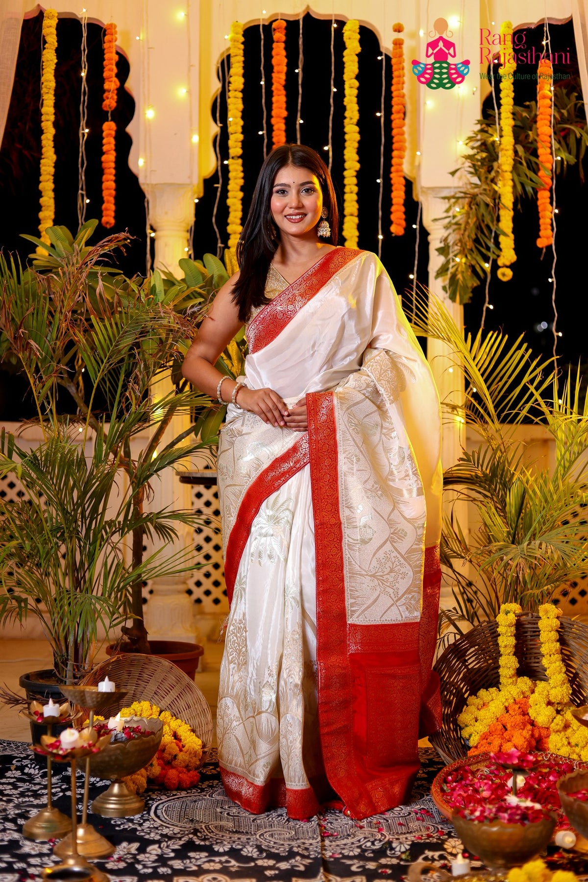 Cream Pure Ho Silk Banarasi Zari Weave Faag Saree for Wedding Reception | Designer Edit