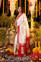 Cream Pure Ho Silk Banarasi Zari Weave Faag Saree for Wedding Reception | Designer Edit