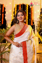 Cream Pure Ho Silk Banarasi Zari Weave Faag Saree for Wedding Reception | Designer Edit