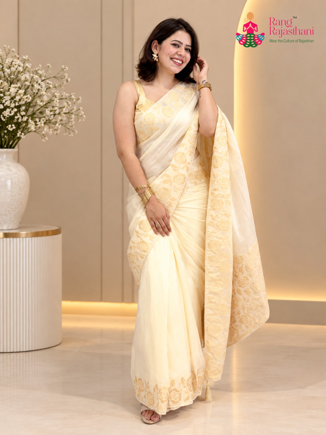Cream Pure Ho Silk Banarasi Zari Weave Saree for Wedding Reception | Premium Collection