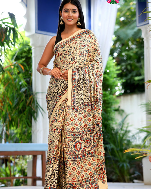 Cream Pure Modal Silk Mirror Ajrakh Print Saree for Wedding Guest | Buy Now