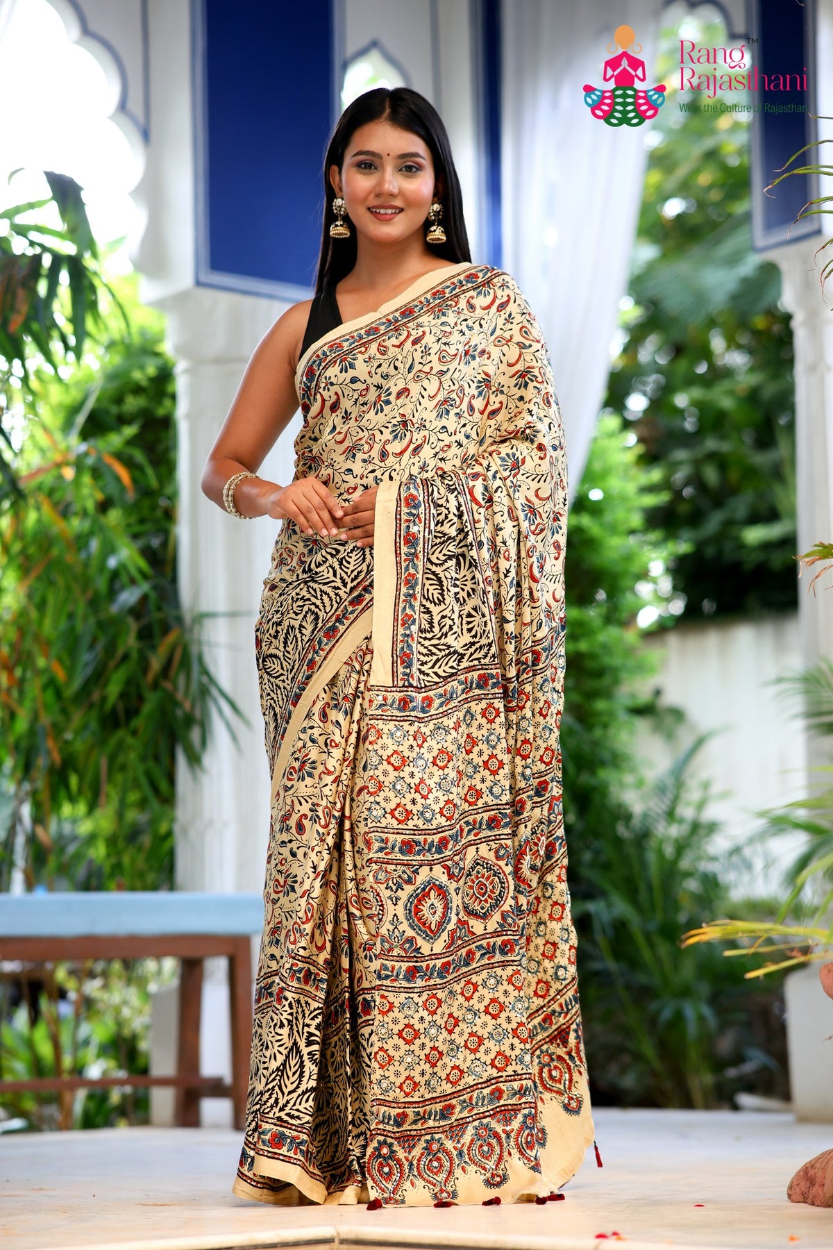 Cream Pure Modal Silk Mirror Ajrakh Print Saree for Wedding Guest | Buy Now