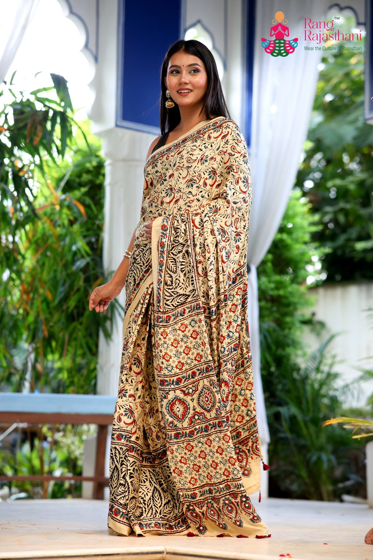 Cream Pure Modal Silk Mirror Ajrakh Print Saree for Wedding Guest | Buy Now