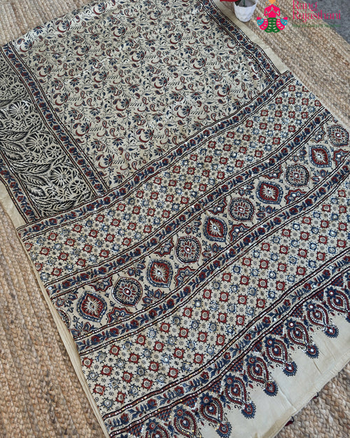 Cream Pure Modal Silk Mirror Ajrakh Print Saree for Wedding Guest | Buy Now