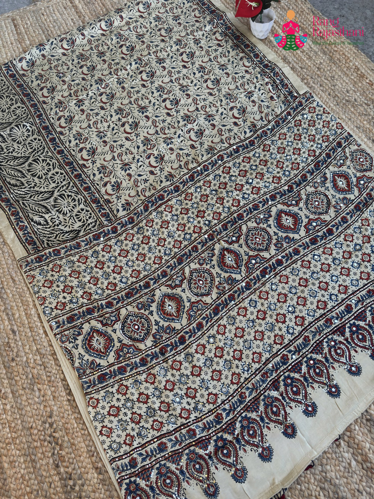 Cream Pure Modal Silk Mirror Ajrakh Print Saree for Wedding Guest | Buy Now
