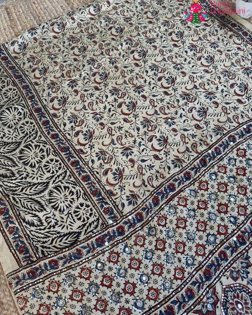 Cream Pure Modal Silk Mirror Ajrakh Print Saree for Wedding Guest | Buy Now