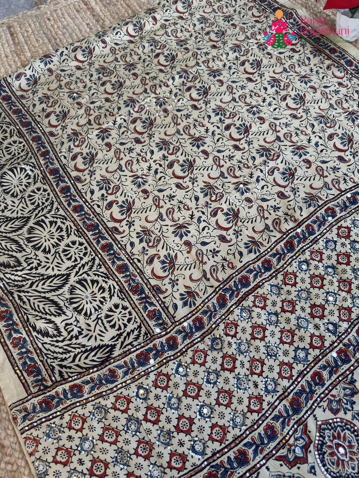 Cream Pure Modal Silk Mirror Ajrakh Print Saree for Wedding Guest | Buy Now