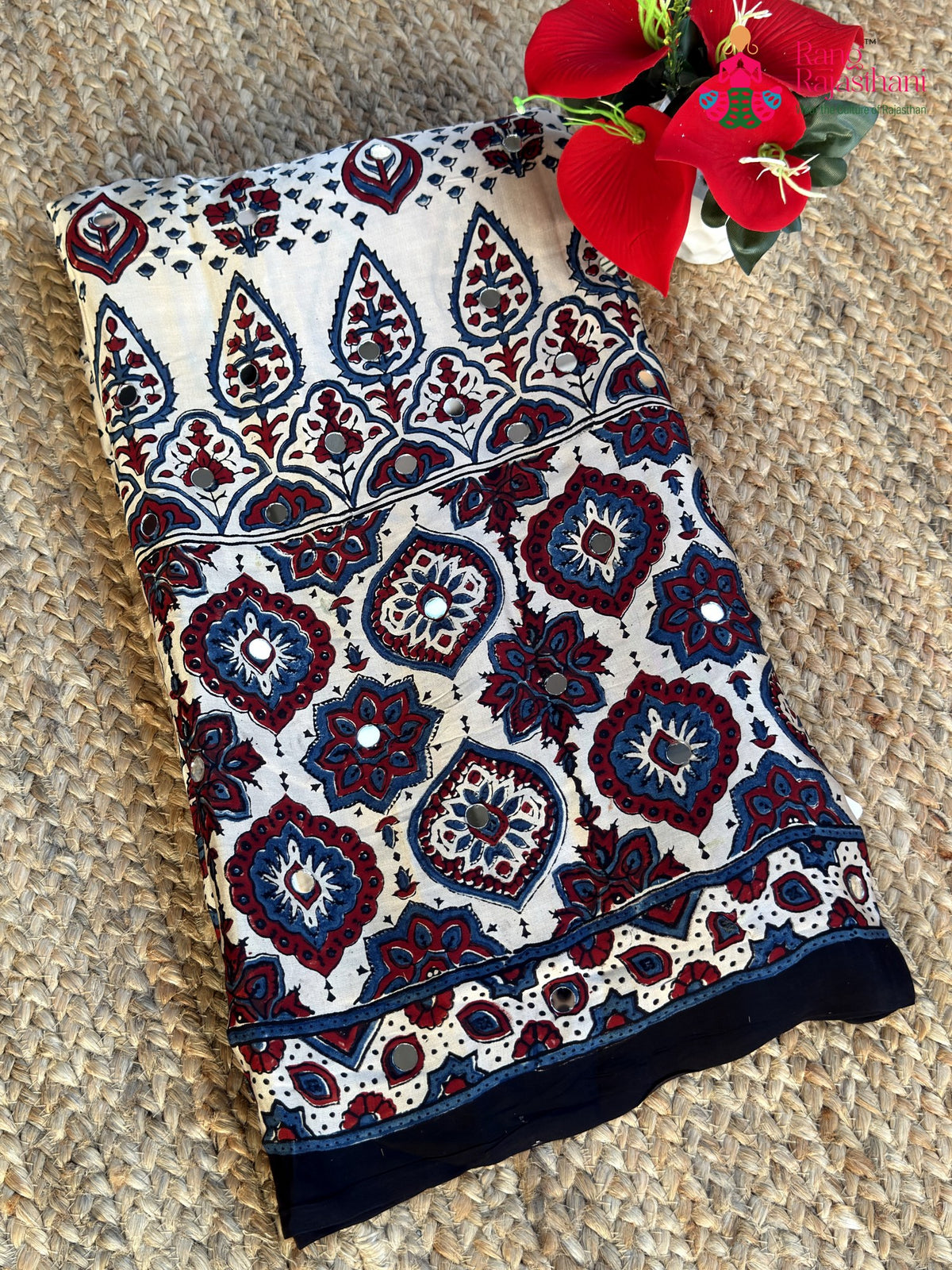 Cream Pure Modal Silk Mirror Ajrakh Print Saree for Wedding Guest | Designer Edit