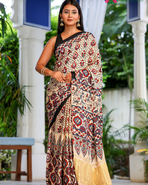 Cream Pure Modal Silk Mirror Ajrakh Print Saree for Wedding Guest | Designer Edit