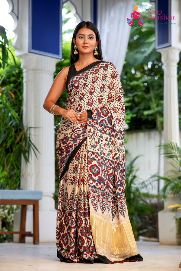 Cream Pure Modal Silk Mirror Ajrakh Print Saree for Wedding Guest | Designer Edit