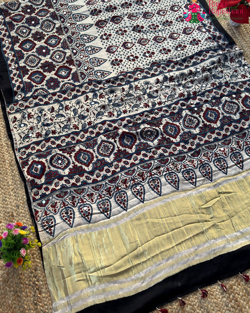 Cream Pure Modal Silk Mirror Ajrakh Print Saree for Wedding Guest | Designer Edit