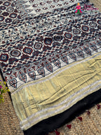 Cream Pure Modal Silk Mirror Ajrakh Print Saree for Wedding Guest | Designer Edit