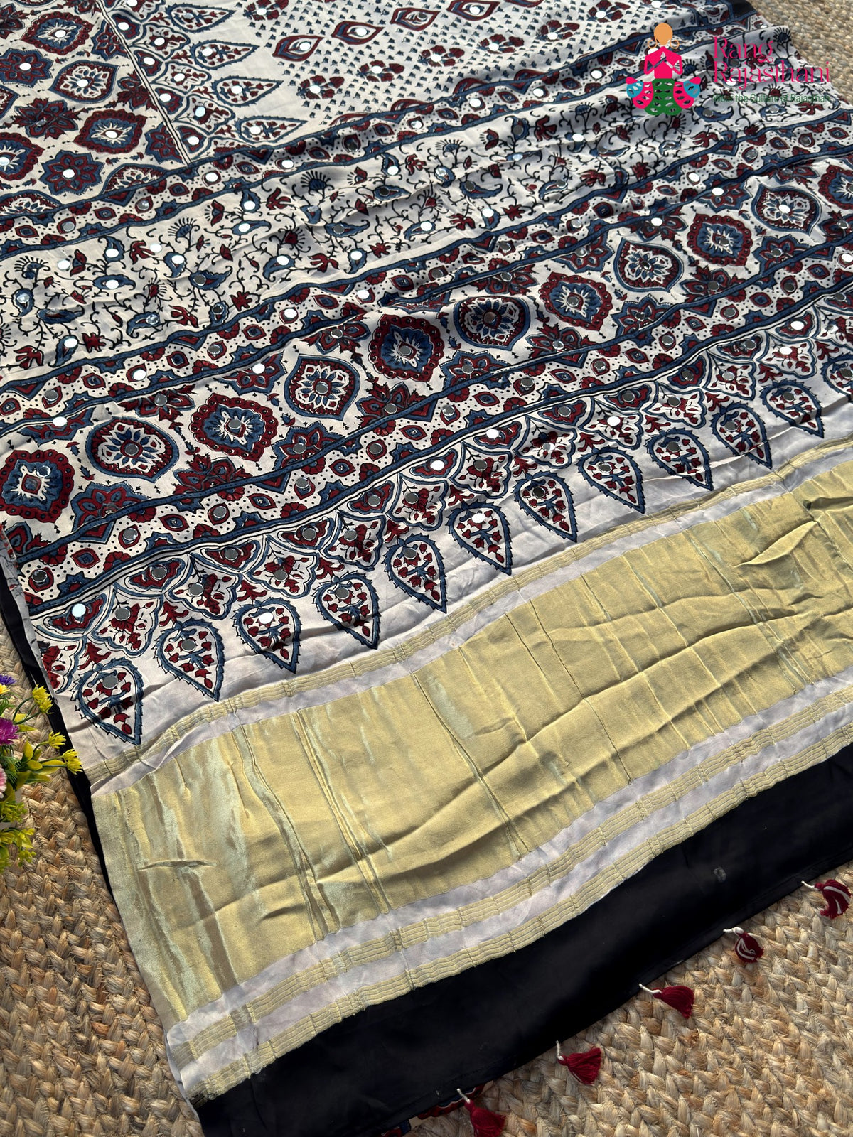 Cream Pure Modal Silk Mirror Ajrakh Print Saree for Wedding Guest | Designer Edit