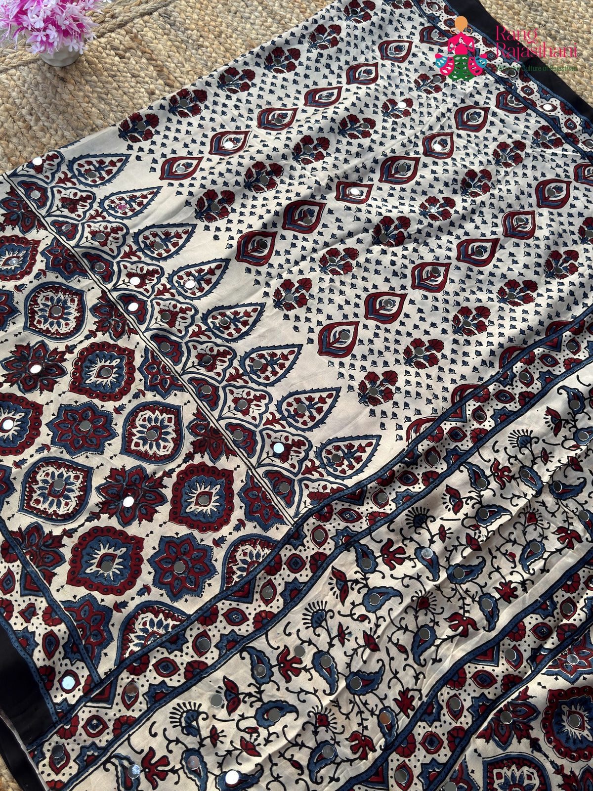 Cream Pure Modal Silk Mirror Ajrakh Print Saree for Wedding Guest | Designer Edit