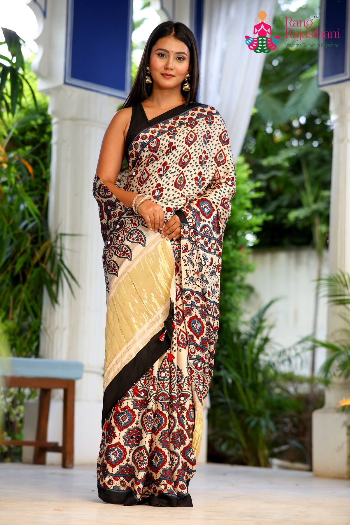 Cream Pure Modal Silk Mirror Ajrakh Print Saree for Wedding Guest | Designer Edit
