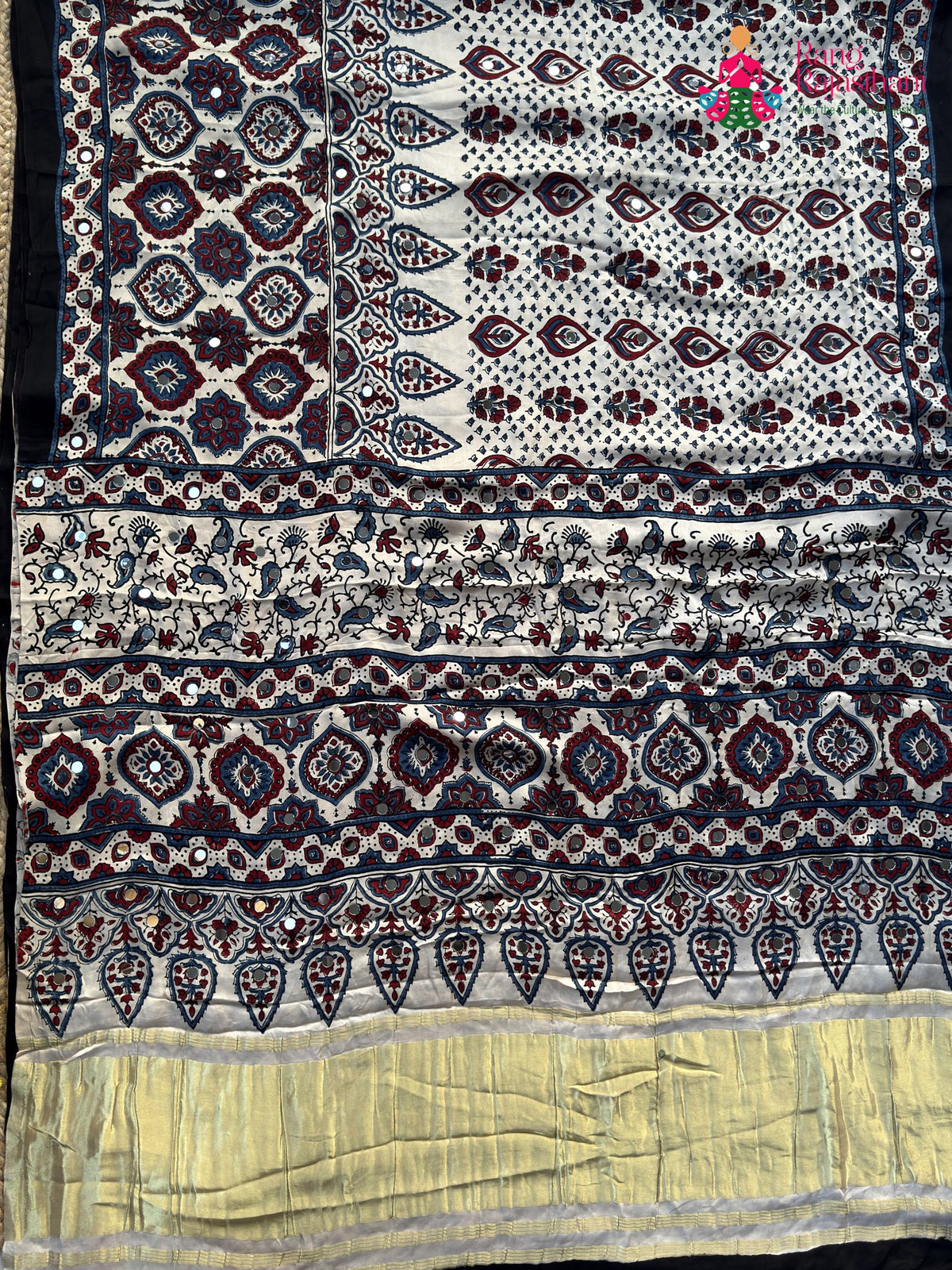 Cream Pure Modal Silk Mirror Ajrakh Print Saree for Wedding Guest | Designer Edit