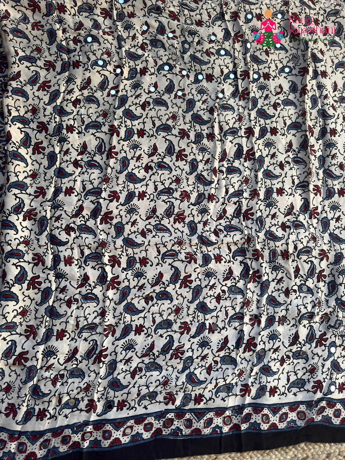 Cream Pure Modal Silk Mirror Ajrakh Print Saree for Wedding Guest | Designer Edit