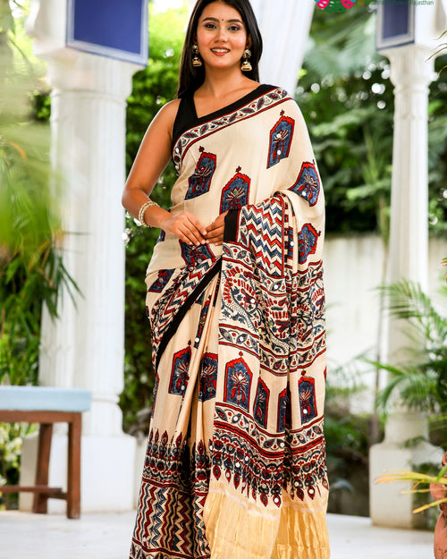 Cream Pure Modal Silk Mirror Ajrakh Print Saree for Wedding Guest | Premium Collection