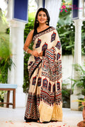 Cream Pure Modal Silk Mirror Ajrakh Print Saree for Wedding Guest | Premium Collection