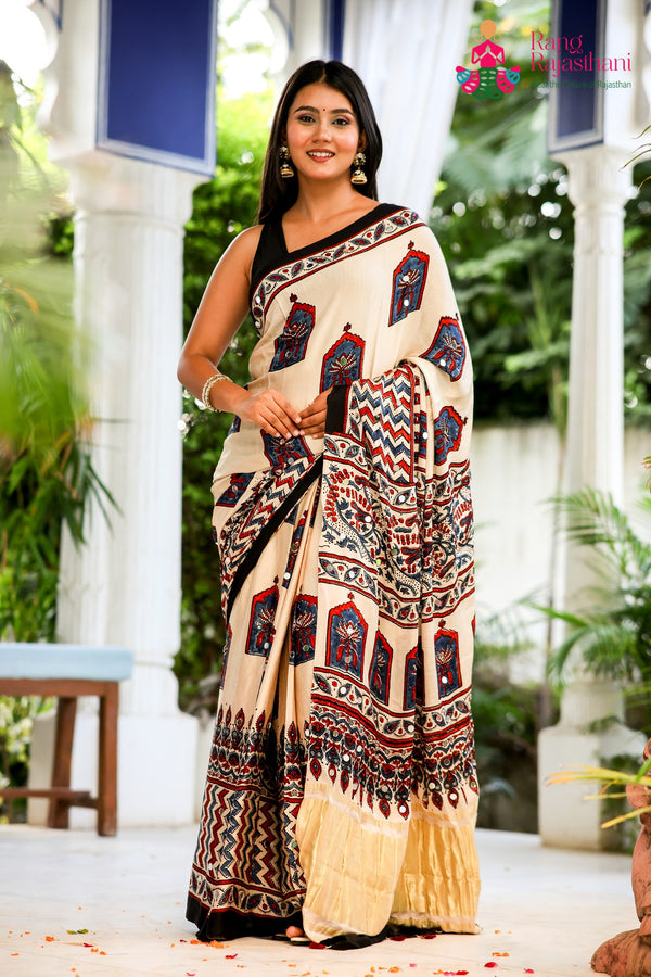 Cream Pure Modal Silk Mirror Ajrakh Print Saree for Wedding Guest | Premium Collection