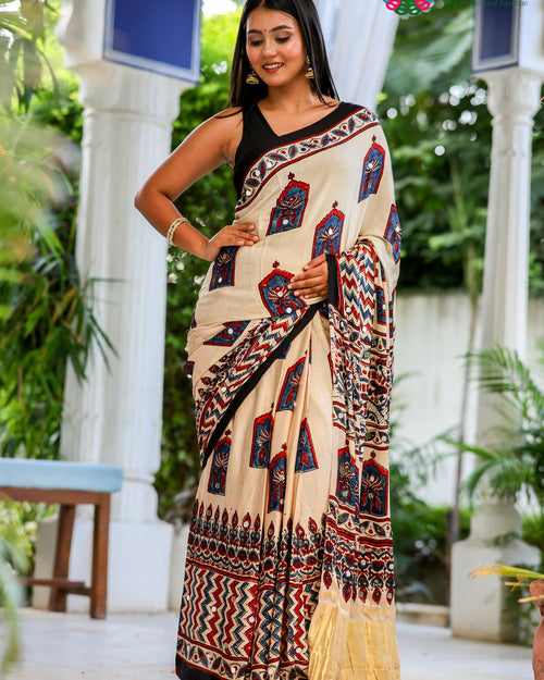 Cream Pure Modal Silk Mirror Ajrakh Print Saree for Wedding Guest | Premium Collection