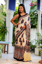 Cream Pure Modal Silk Mirror Ajrakh Print Saree for Wedding Guest | Premium Collection