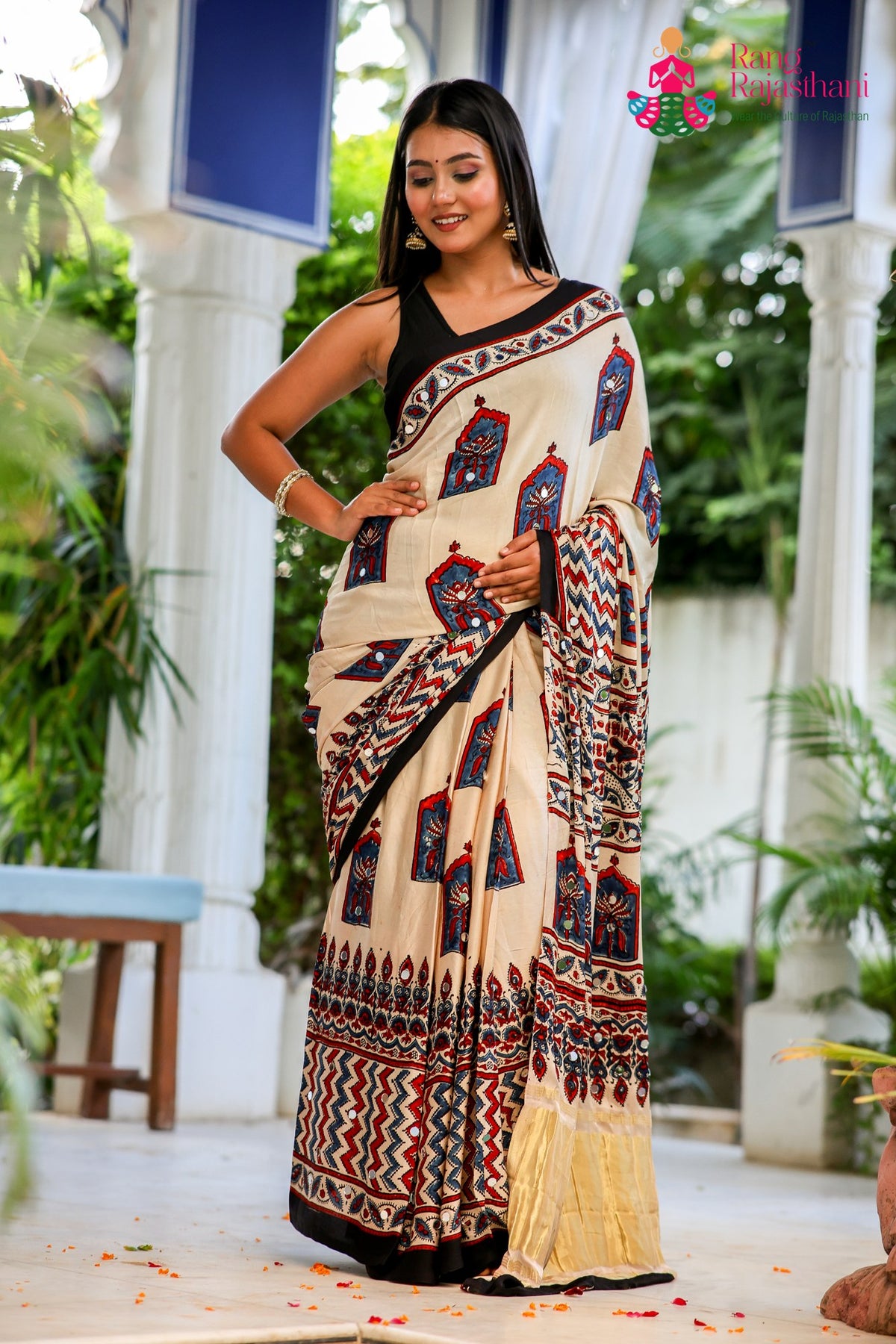 Cream Pure Modal Silk Mirror Ajrakh Print Saree for Wedding Guest | Premium Collection
