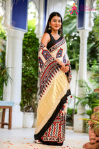 Cream Pure Modal Silk Mirror Ajrakh Print Saree for Wedding Guest | Premium Collection
