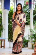 Cream Pure Modal Silk Mirror Ajrakh Print Saree for Wedding Guest | Premium Collection
