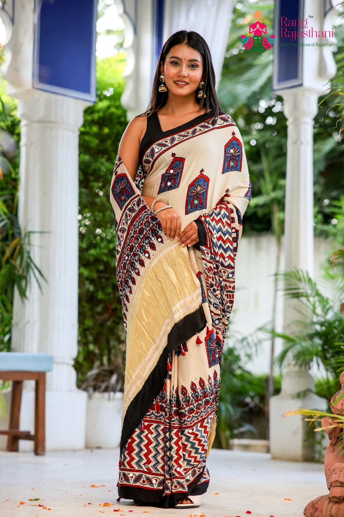 Cream Pure Modal Silk Mirror Ajrakh Print Saree for Wedding Guest | Premium Collection