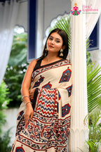 Cream Pure Modal Silk Mirror Ajrakh Print Saree for Wedding Guest | Premium Collection