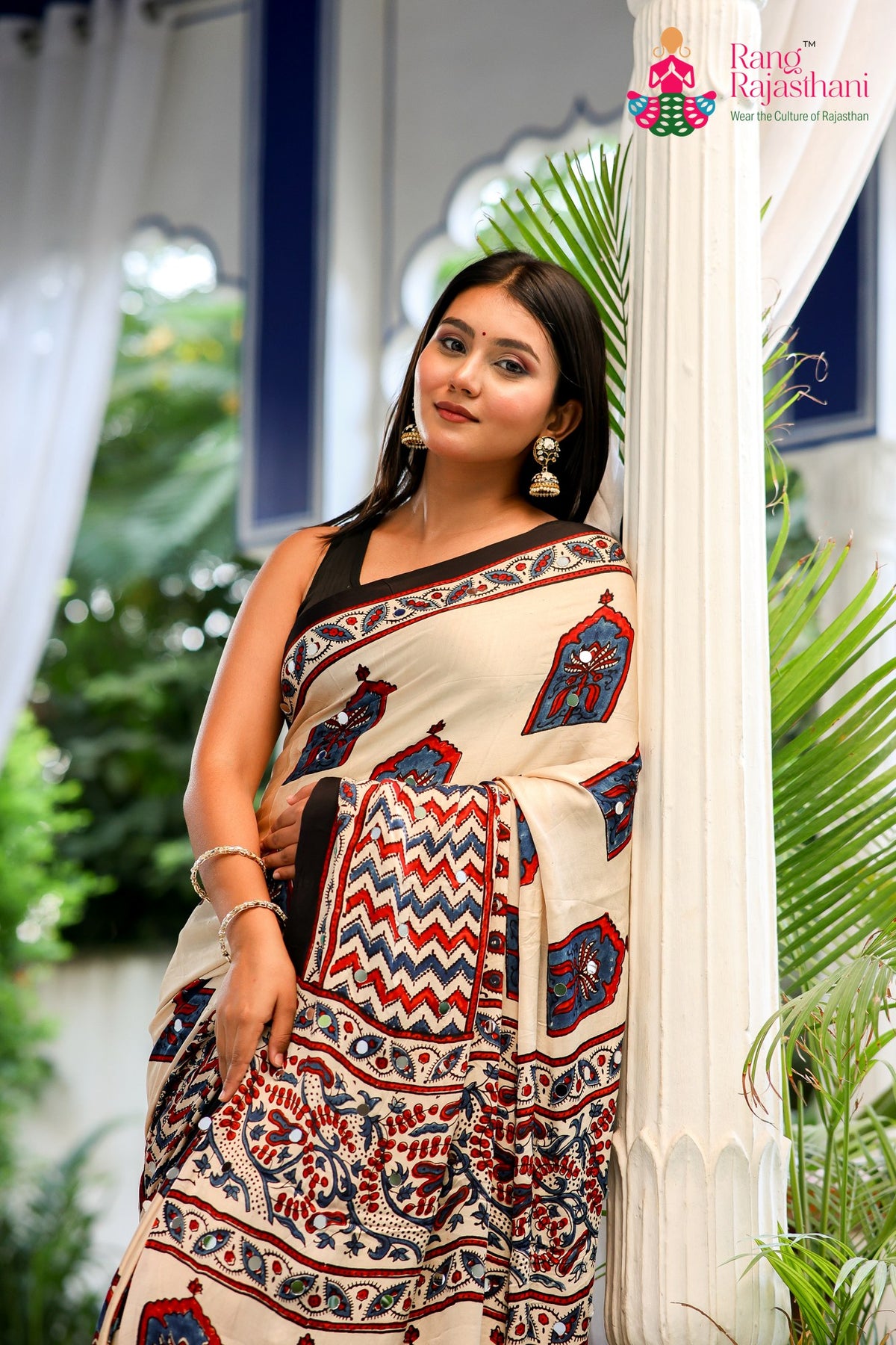 Cream Pure Modal Silk Mirror Ajrakh Print Saree for Wedding Guest | Premium Collection