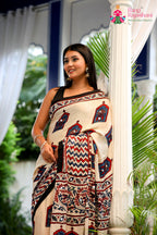 Cream Pure Modal Silk Mirror Ajrakh Print Saree for Wedding Guest | Premium Collection