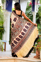 Cream Pure Modal Silk Mirror Ajrakh Print Saree for Wedding Guest | Premium Collection