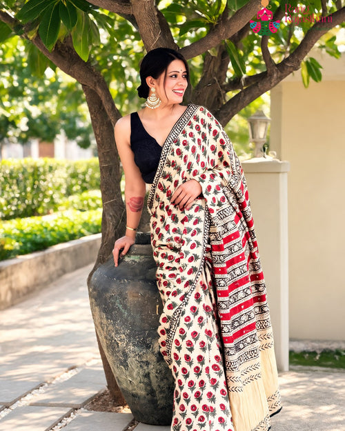 Cream Pure Modal Silk Sequin Ajrakh Print Saree for Wedding Reception | Buy Now