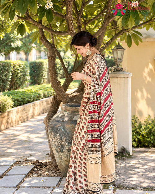 Cream Pure Modal Silk Sequin Ajrakh Print Saree for Wedding Reception | Buy Now