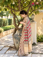 Cream Pure Modal Silk Sequin Ajrakh Print Saree for Wedding Reception | Buy Now