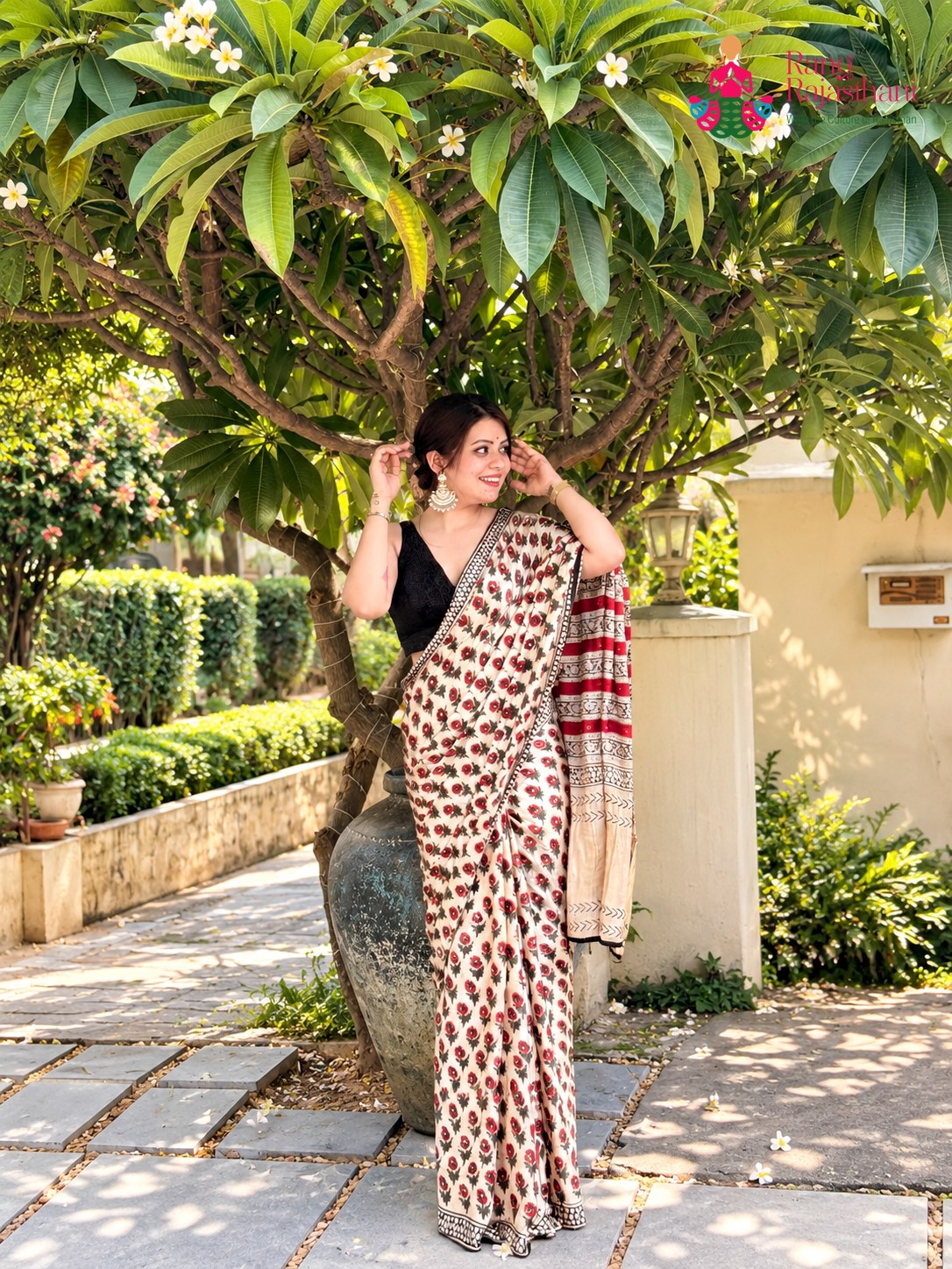 Cream Pure Modal Silk Sequin Ajrakh Print Saree for Wedding Reception | Buy Now