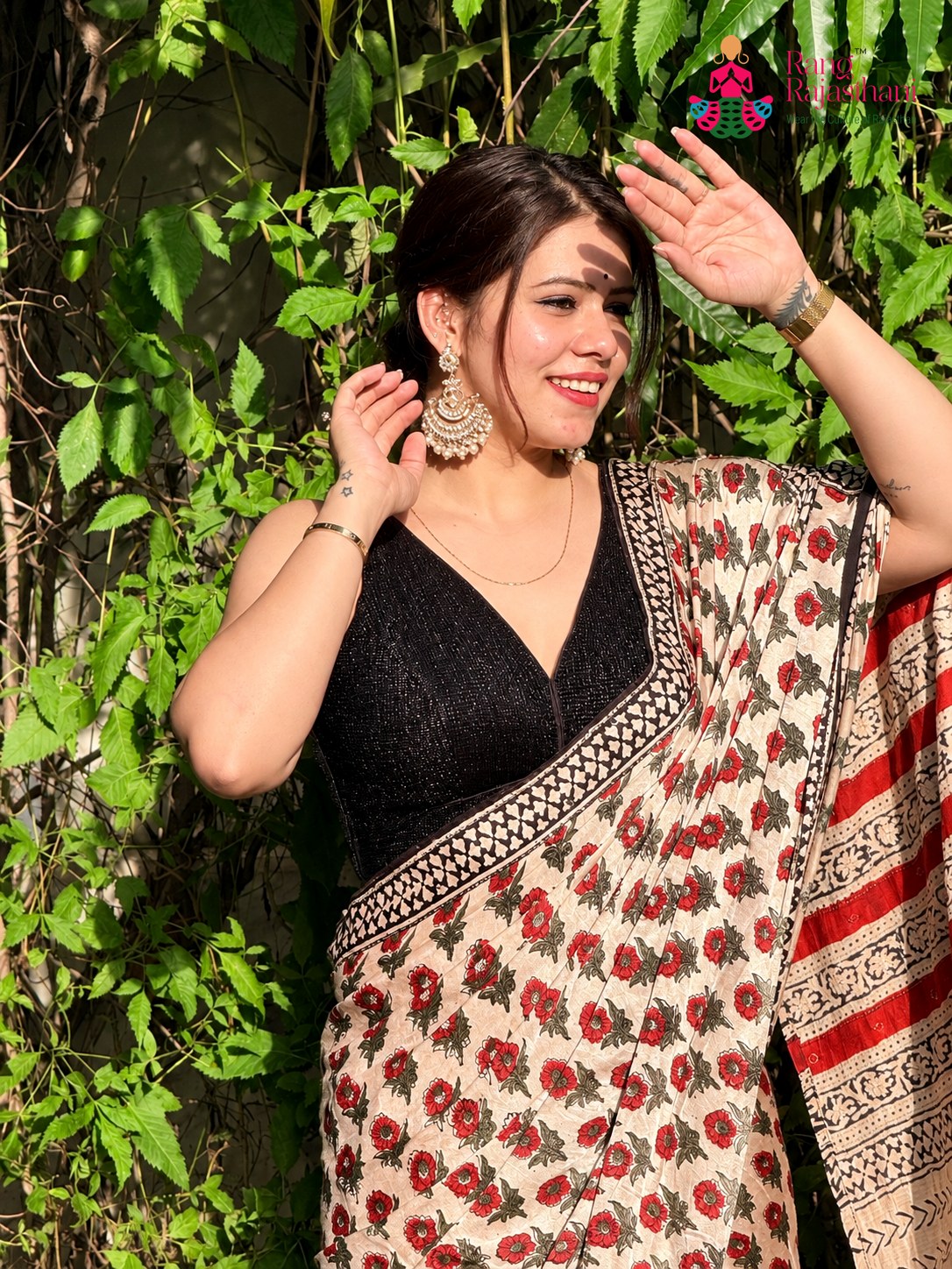Cream Pure Modal Silk Sequin Ajrakh Print Saree for Wedding Reception | Buy Now