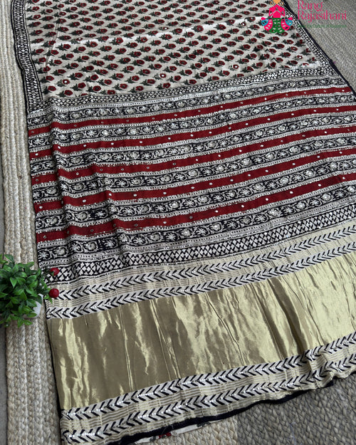 Cream Pure Modal Silk Sequin Ajrakh Print Saree for Wedding Reception | Buy Now