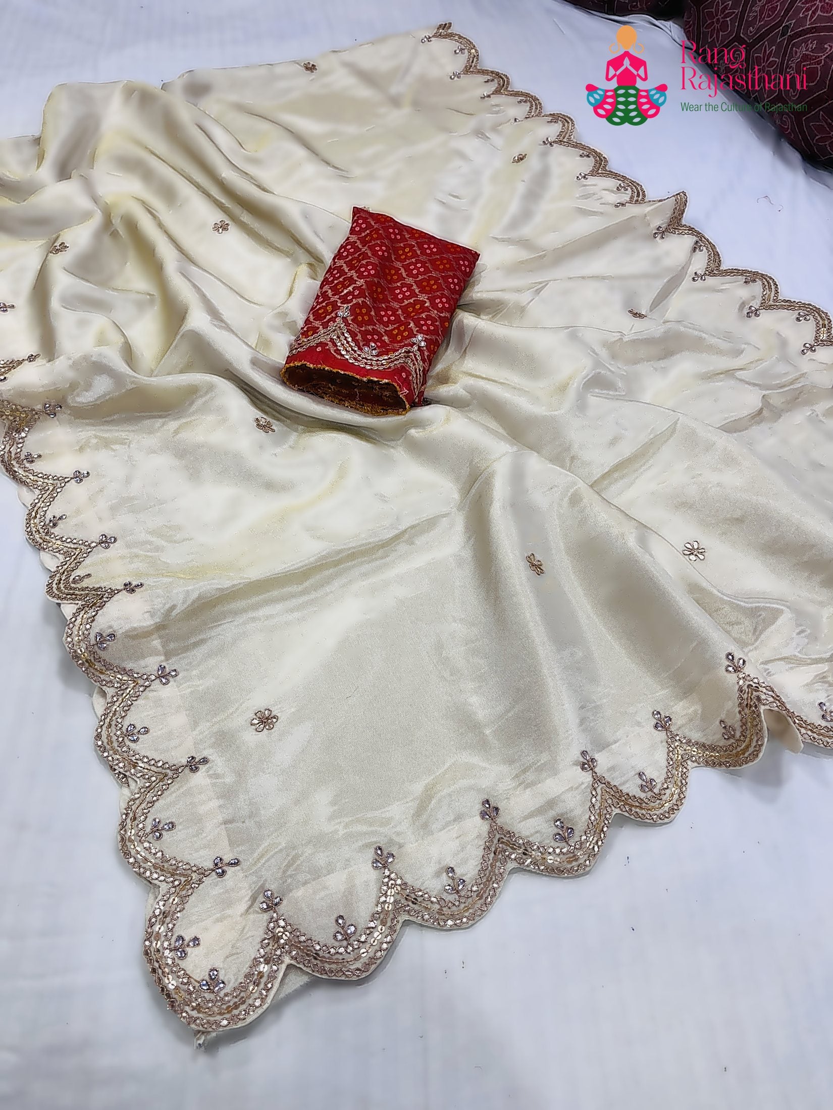 cream pure tissue silk gota patti saree for wedding reception by Rang Rajasthani