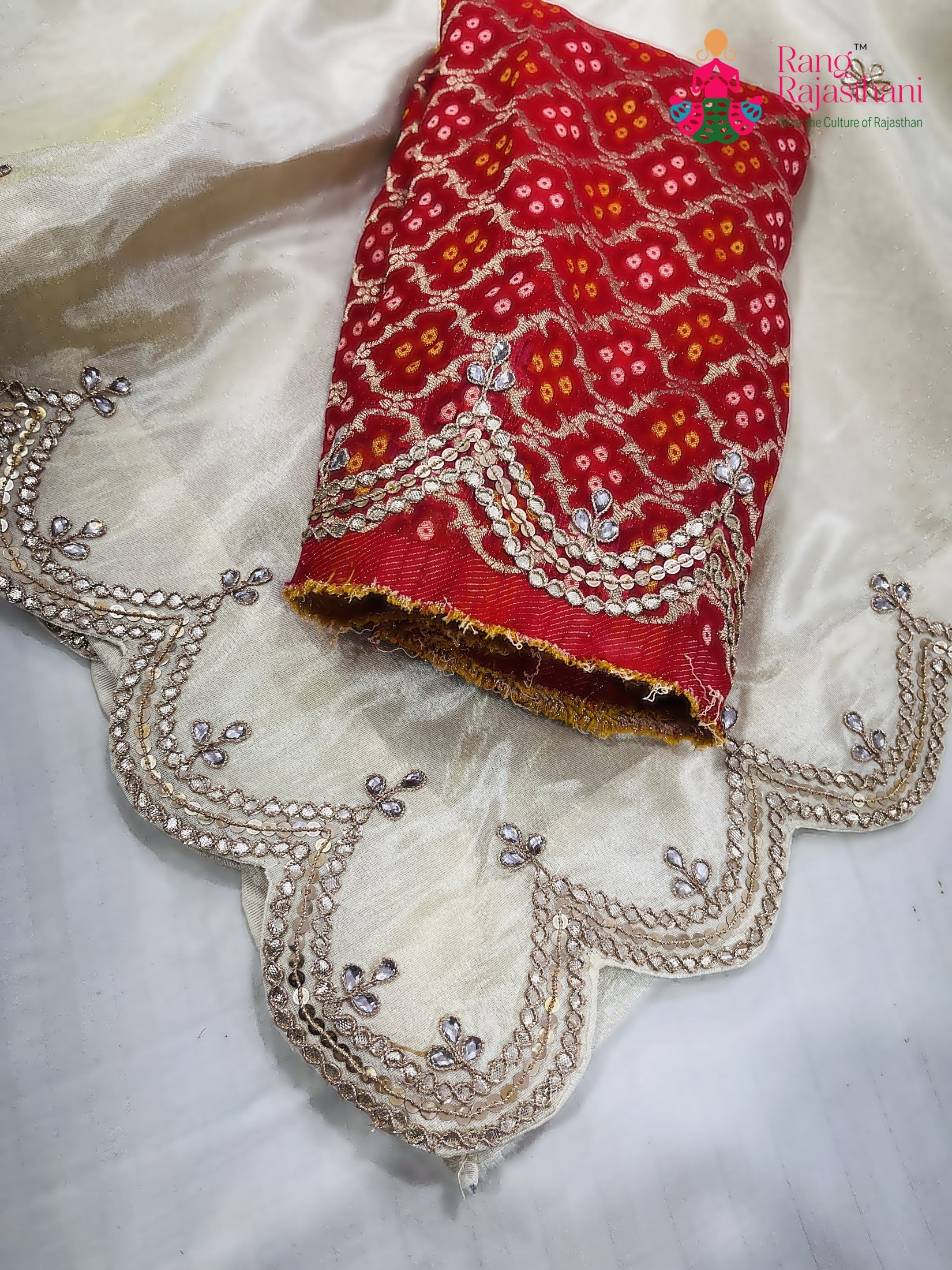 complete look of cream pure tissue silk gota patti saree