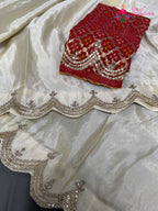 Cream Pure Tissue Silk Gota Patti Saree for Wedding Reception | Statement Drape